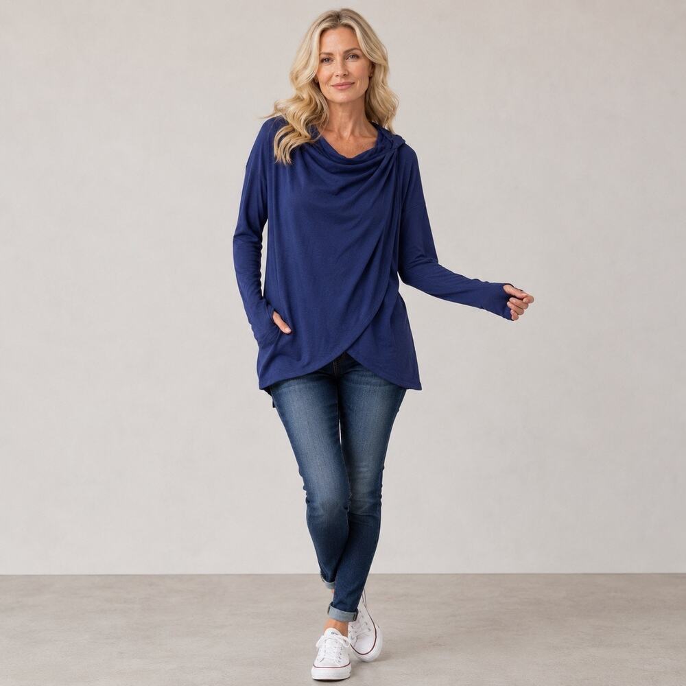 Athleta Pranayama Wrap Sweatshirt Cardigan Hooded Navy Sz L Cozy Athleisure